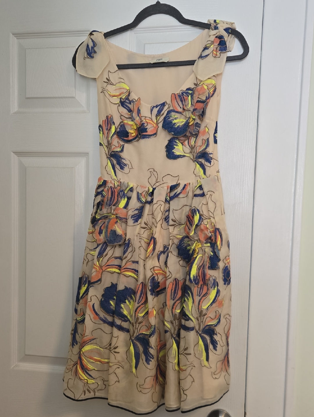 Fendi Cream Midi Dress With Blue, Coral & Neon Yellow Floral Embroidery